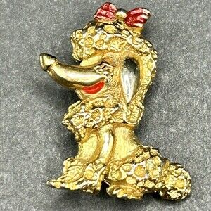 Vintage Poodle Brooch Pin Goldtone with Red Accents